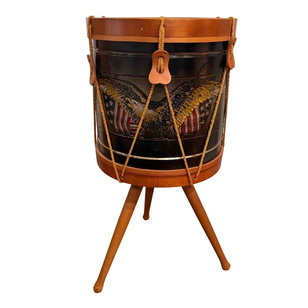 The Old Drum Shop‎ Vintage Metal Tin Planter Wood Stand Eagle American Flag